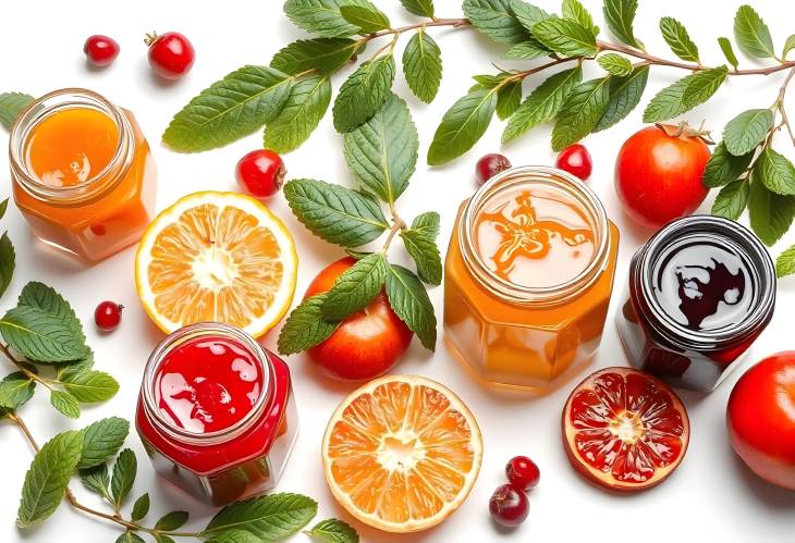 Colorful Variety of Jams and Compotes in Glass Jars on White